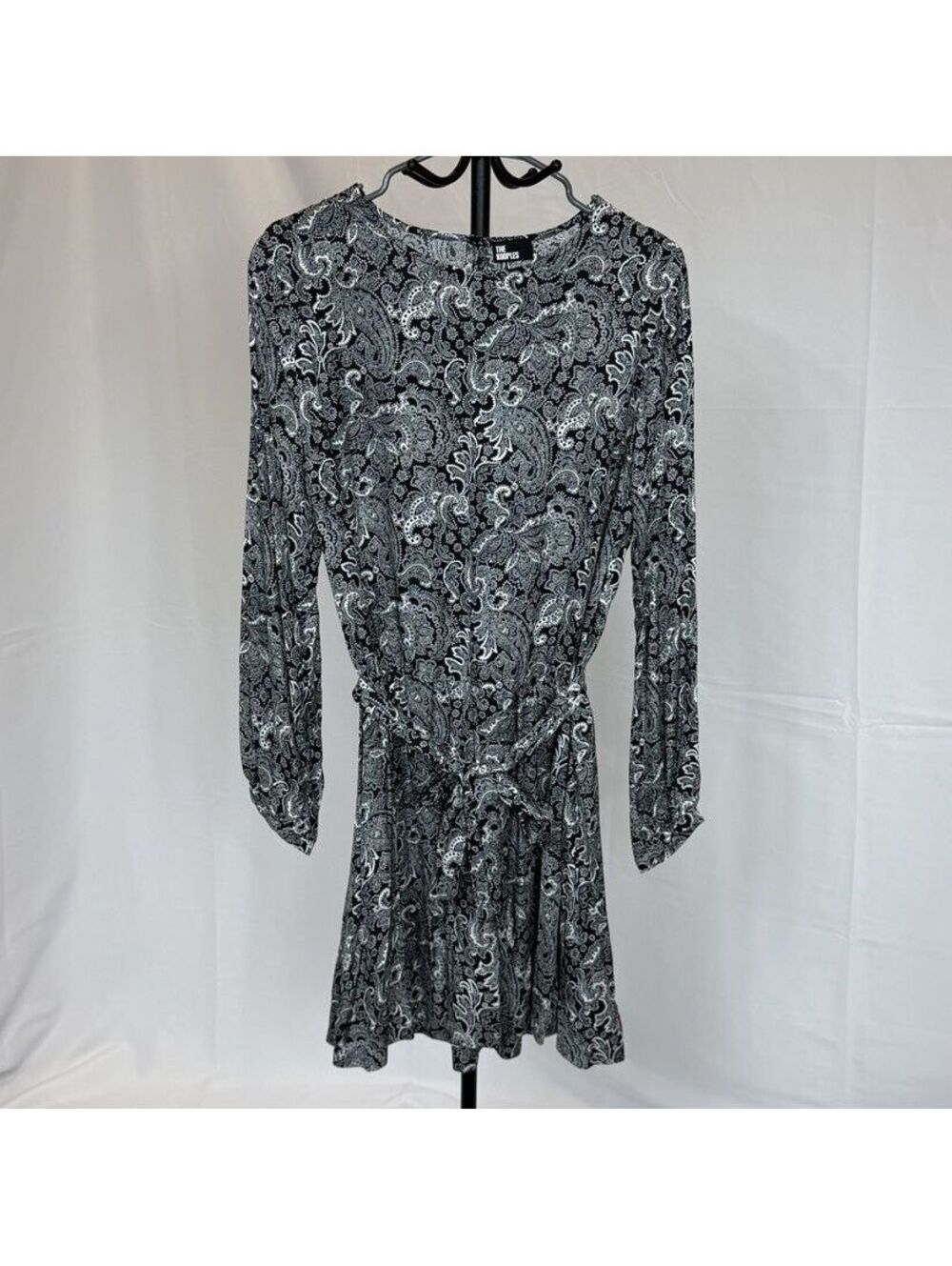 NWT Kooples Black & White Paisley Print Round Neck Waist Tie Mini Dress Size XL